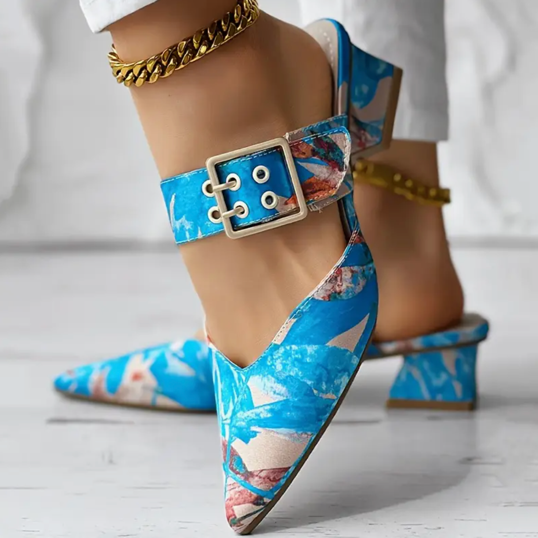 Comelyy Slip On Pointed Toe Mid Heel Sandals