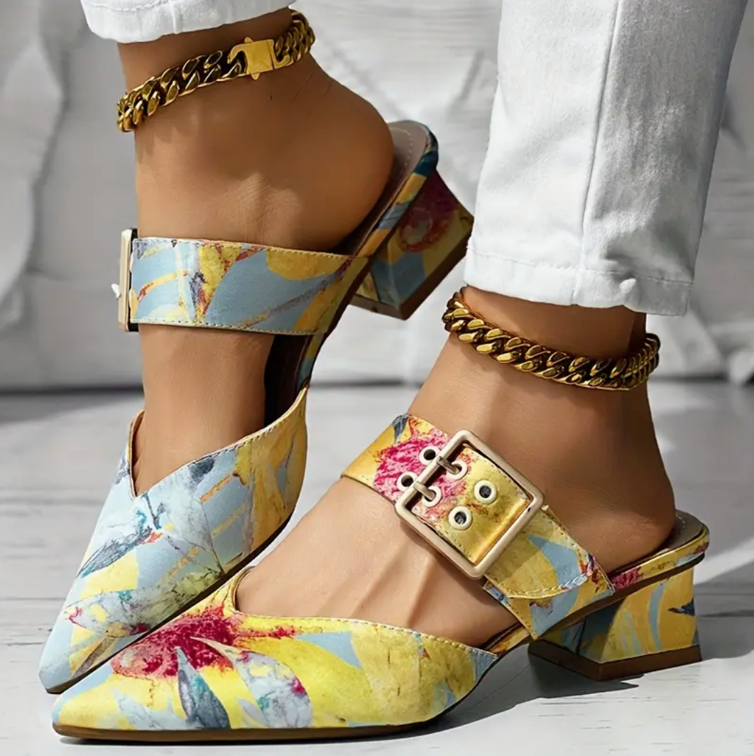 Comelyy Slip On Pointed Toe Mid Heel Sandals