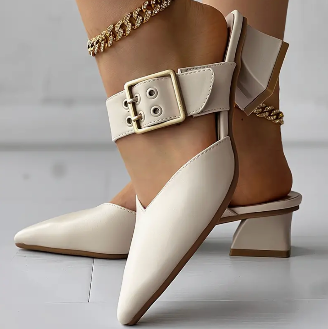 Comelyy Solid Color Slip On Buckle Point Toe Block Heel Shoes