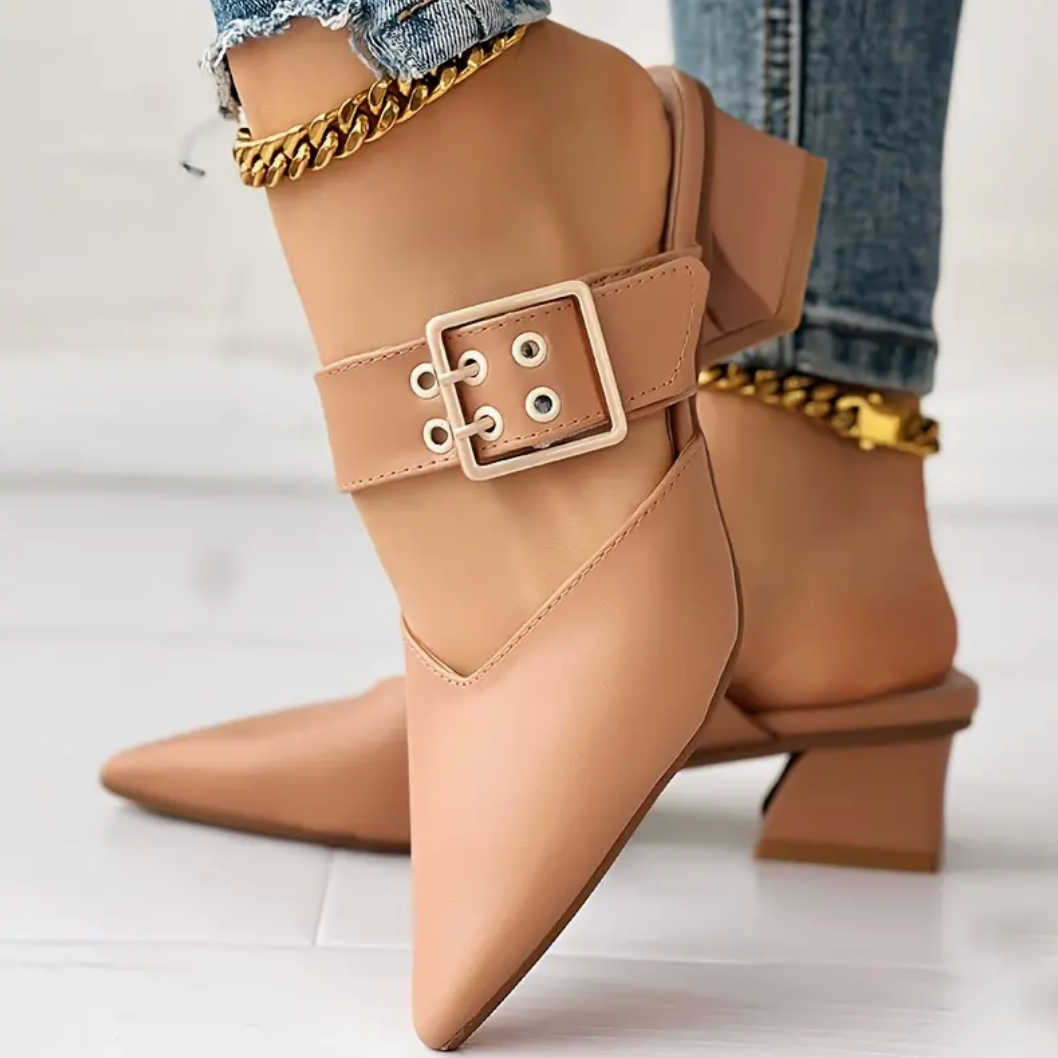 Comelyy Solid Color Slip On Buckle Point Toe Block Heel Shoes