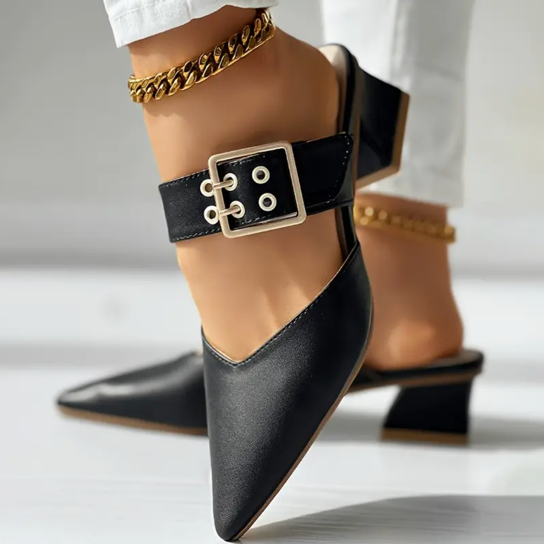 Comelyy Solid Color Slip On Buckle Point Toe Block Heel Shoes