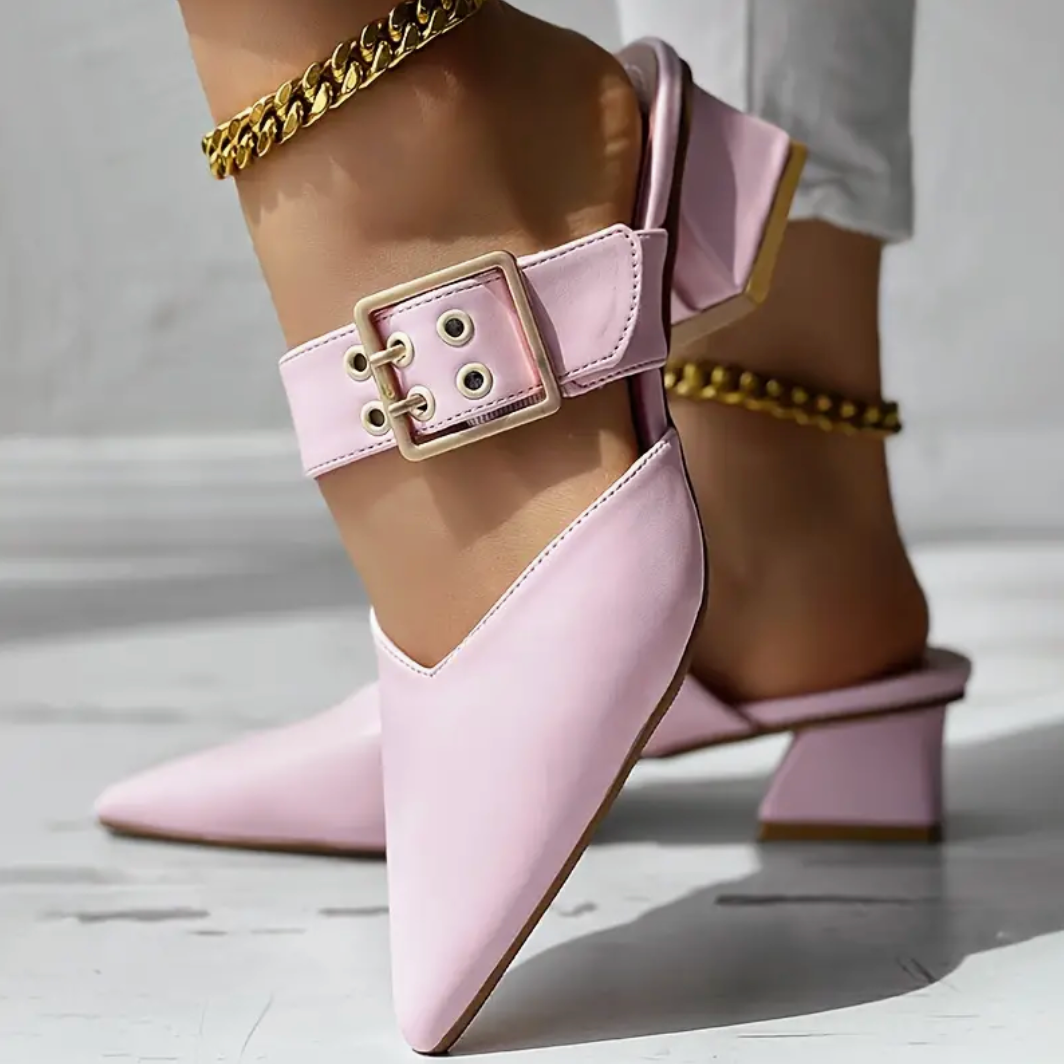 Comelyy Solid Color Slip On Buckle Point Toe Block Heel Shoes