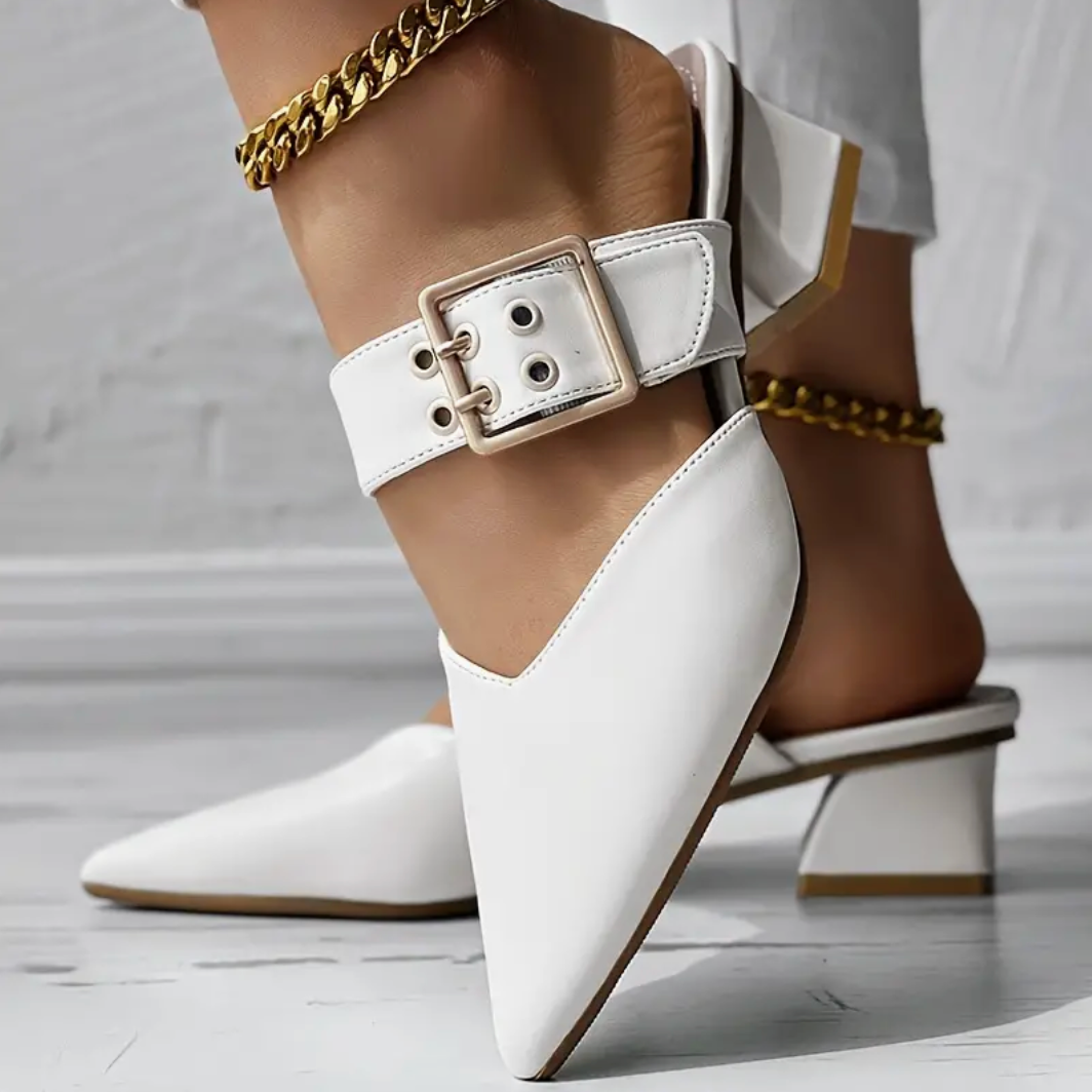 Comelyy Solid Color Slip On Buckle Point Toe Block Heel Shoes