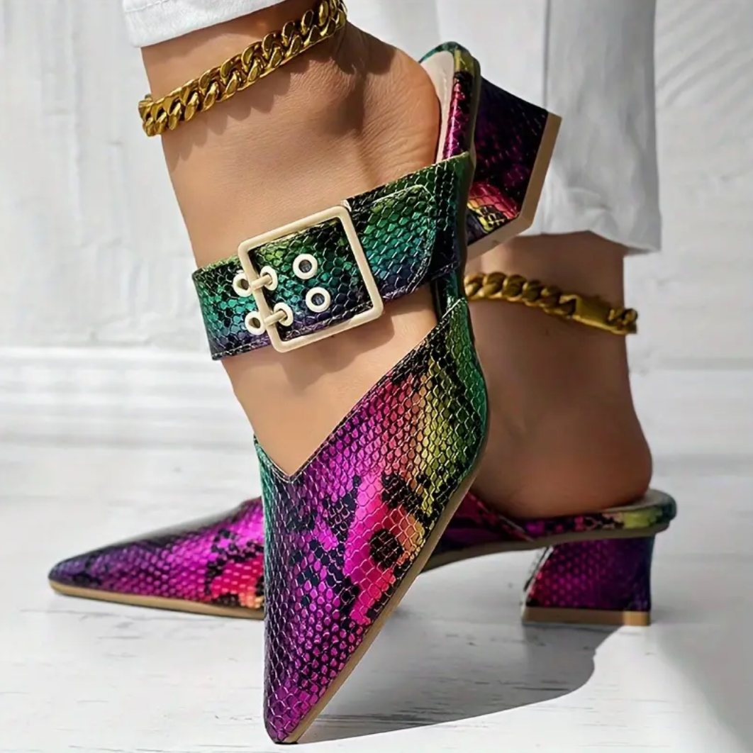 Comelyy Solid Color Slip On Buckle Point Toe Block Heel Shoes