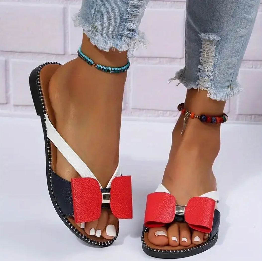 Comelyy Colorblock Bowknot Fashion Open Toe Non Slip Slides Flat Slippers