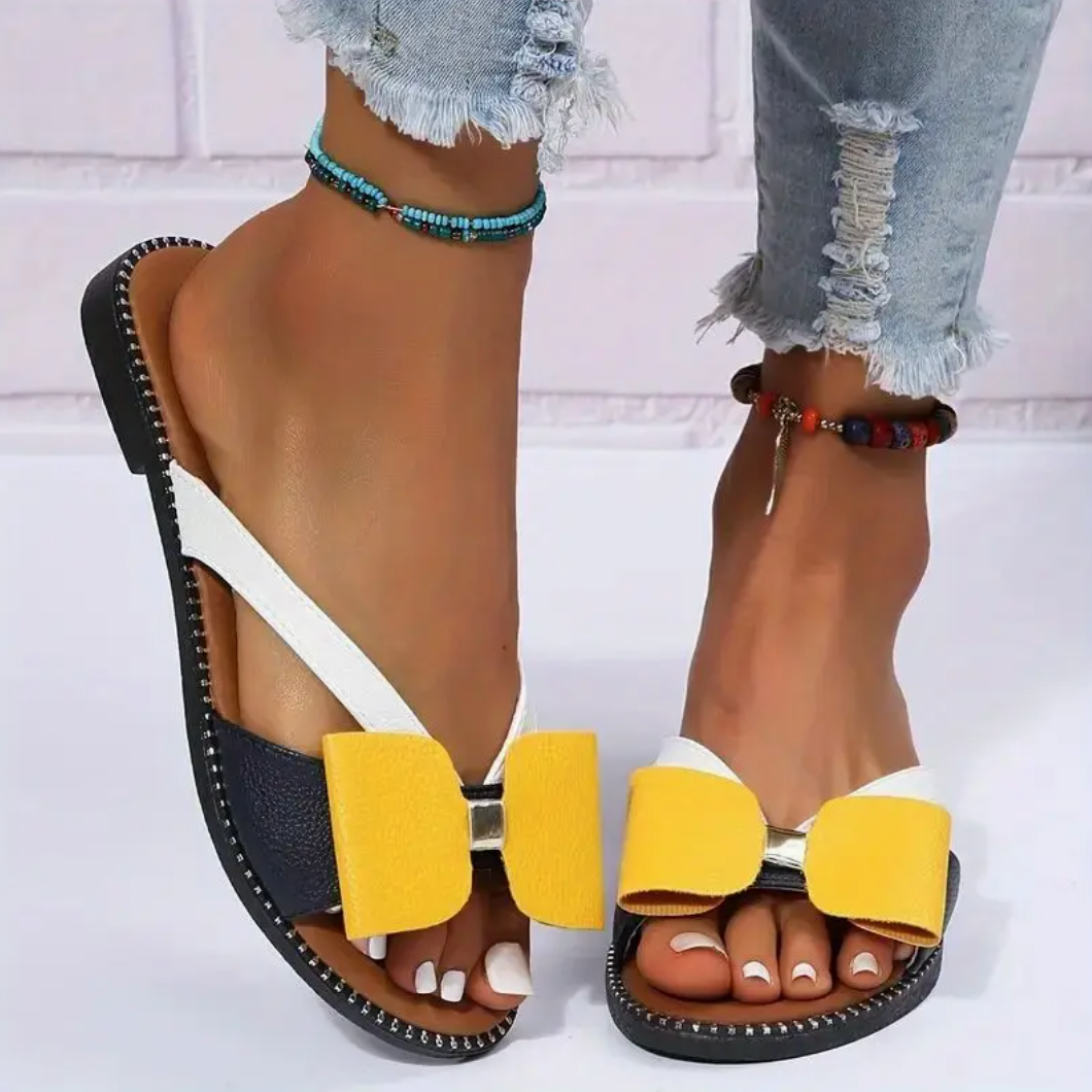 Comelyy Colorblock Bowknot Fashion Open Toe Non Slip Slides Flat Slippers
