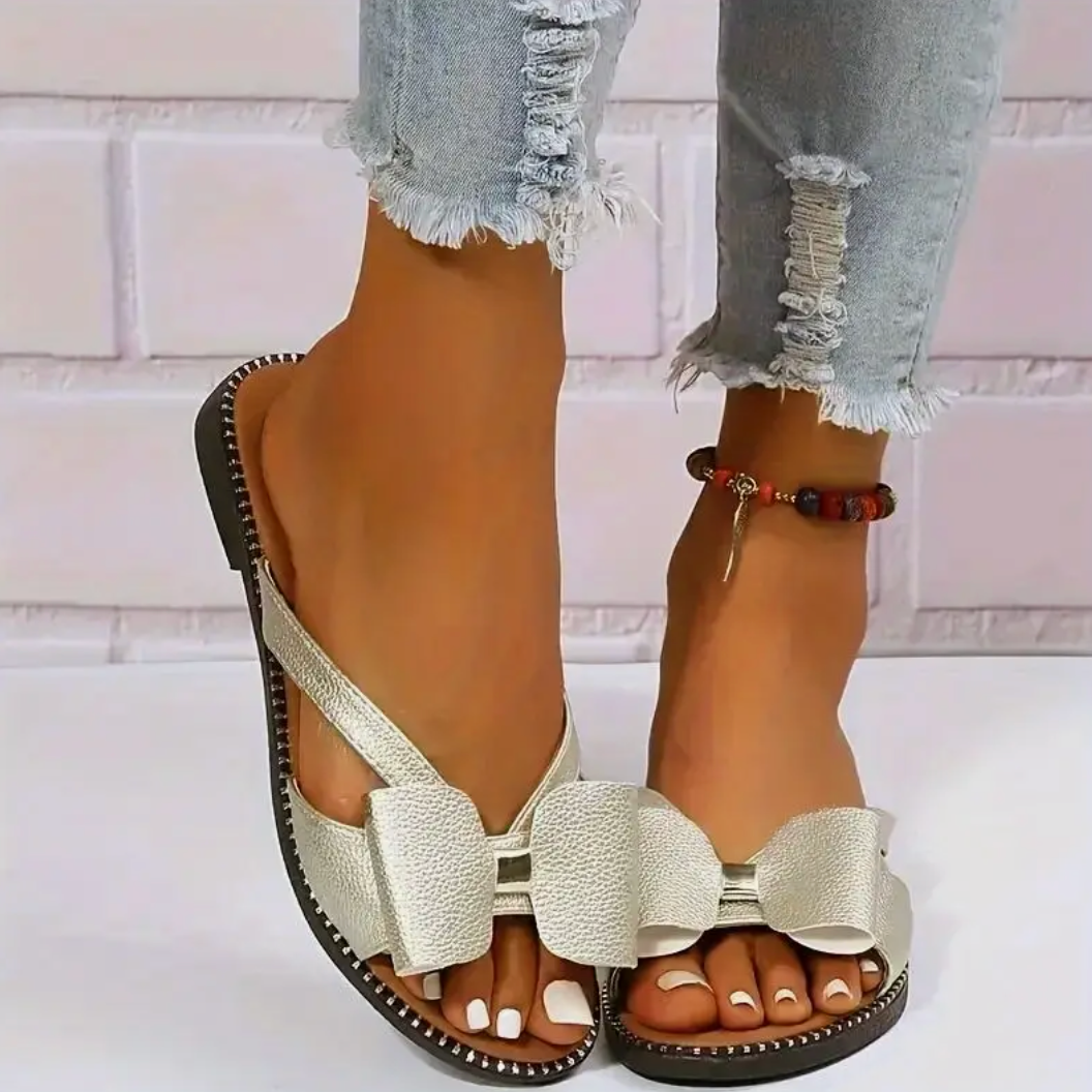 Comelyy Colorblock Bowknot Fashion Open Toe Non Slip Slides Flat Slippers