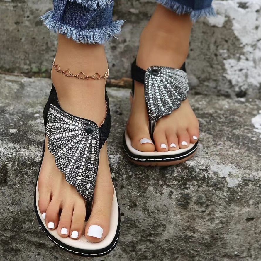 Comelyy Rhinestone Decor Flat Comfortable Anti Slip Women Sandals