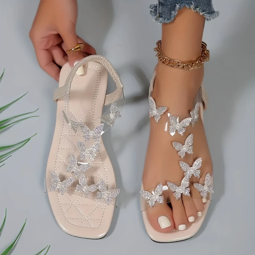 Comelyy Rhinestone Butterfly Decor Flat Open Toe Summer Sandals