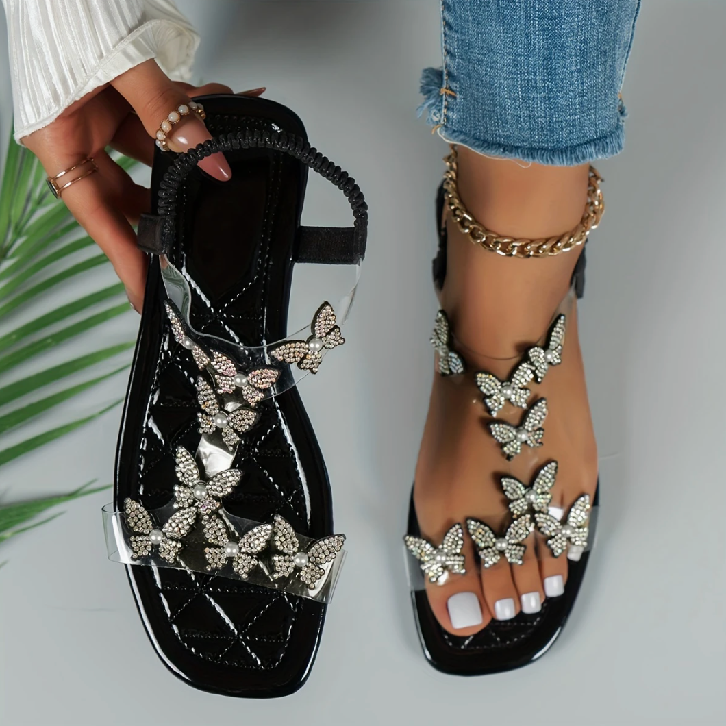 Comelyy Rhinestone Butterfly Decor Flat Open Toe Summer Sandals
