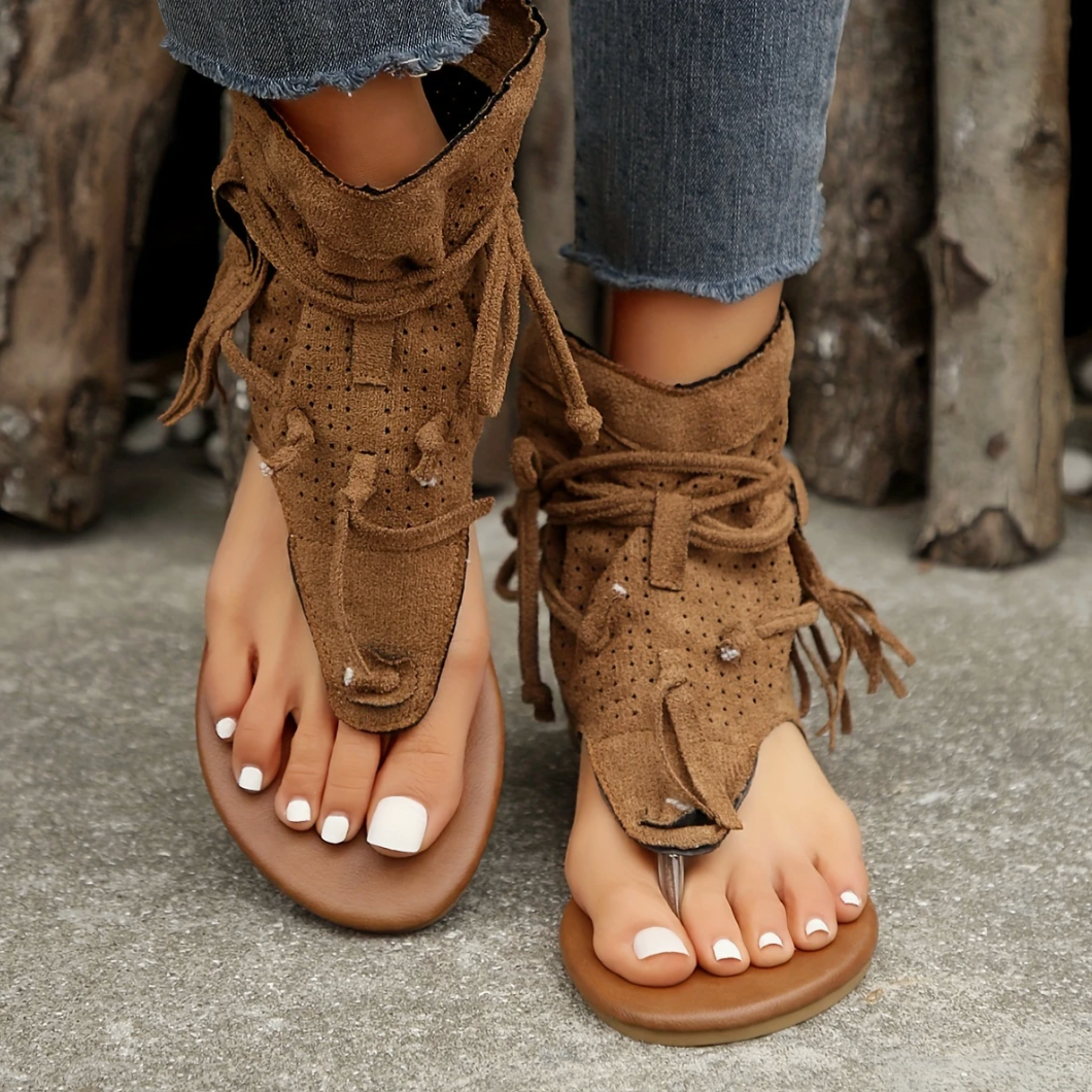 Comelyy Retro Comfortable Flat Bottom Tassel Hollow Toe Women Sandals
