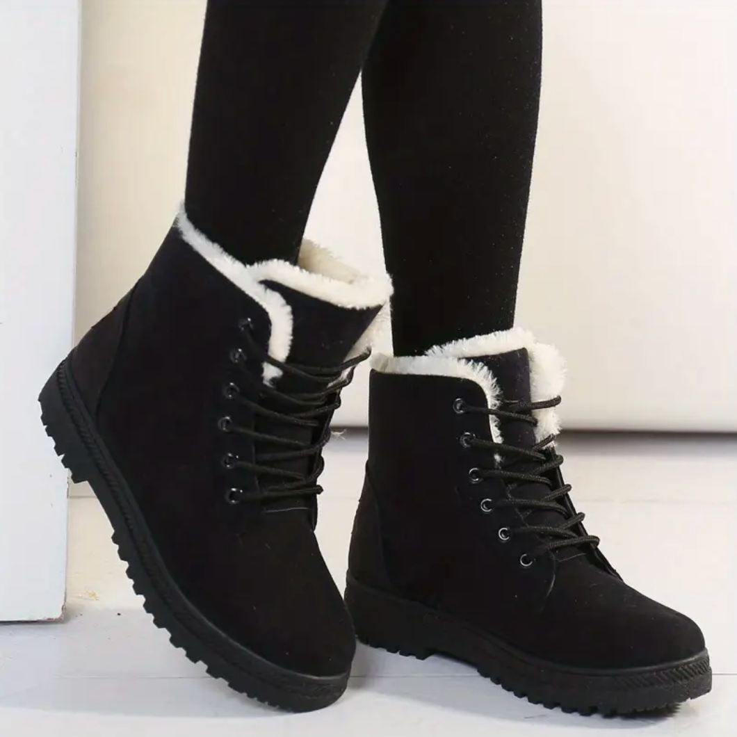 Comelyy Stylish Round Toe Lace Up Warm Faux Fur Lined Ankle Boots