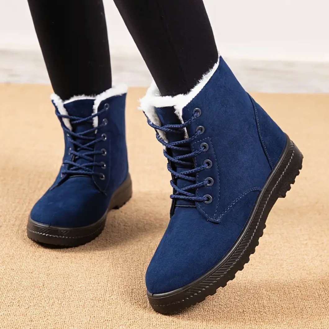 Comelyy Stylish Round Toe Lace Up Warm Faux Fur Lined Ankle Boots