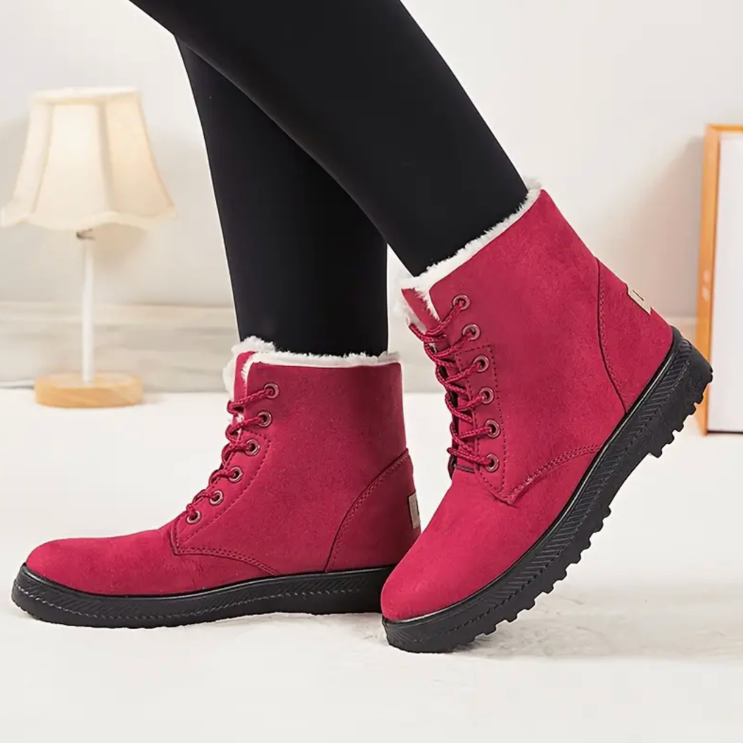 Comelyy Stylish Round Toe Lace Up Warm Faux Fur Lined Ankle Boots