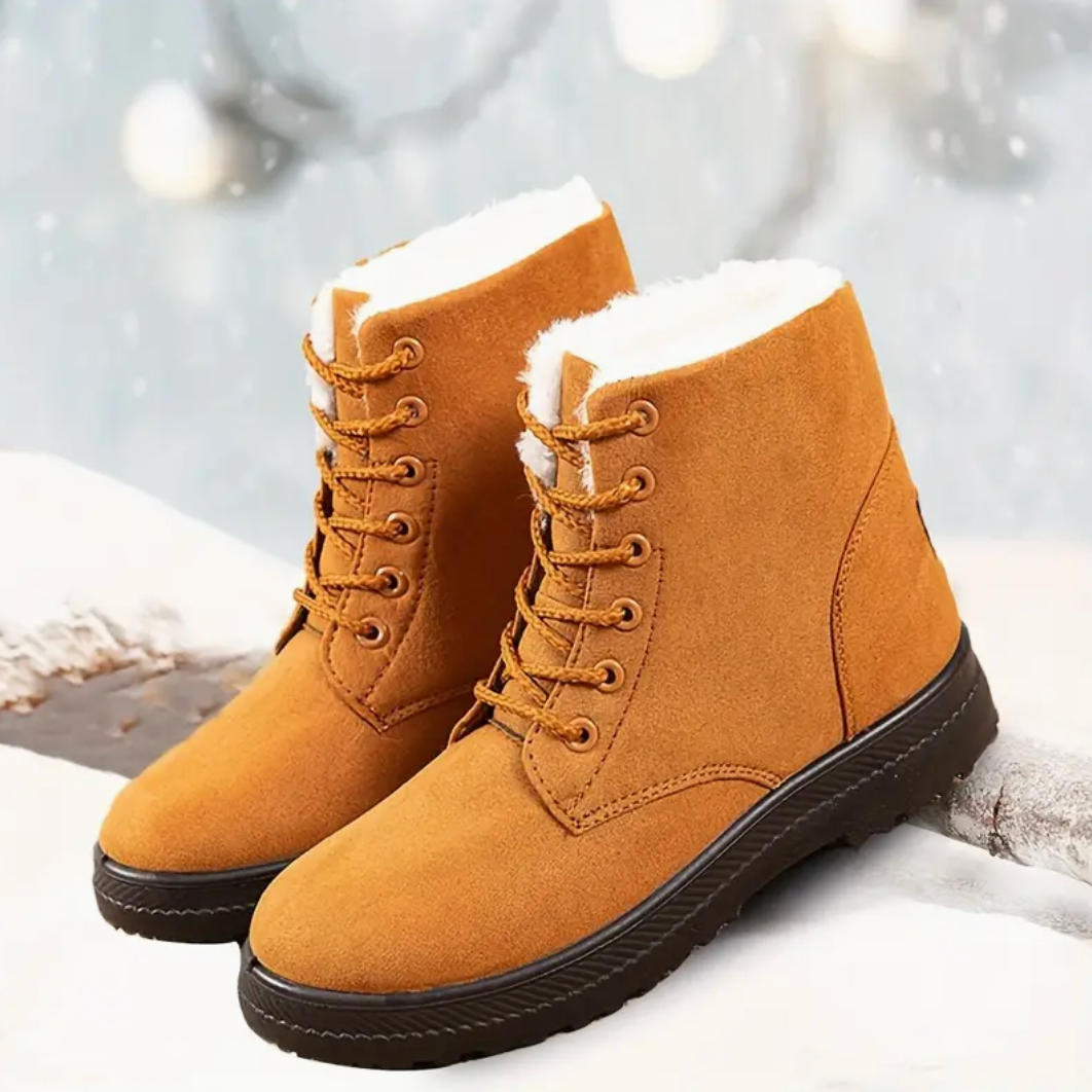 Comelyy Stylish Round Toe Lace Up Warm Faux Fur Lined Ankle Boots