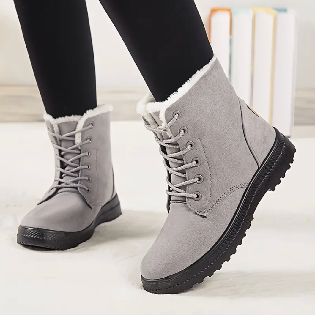 Comelyy Stylish Round Toe Lace Up Warm Faux Fur Lined Ankle Boots