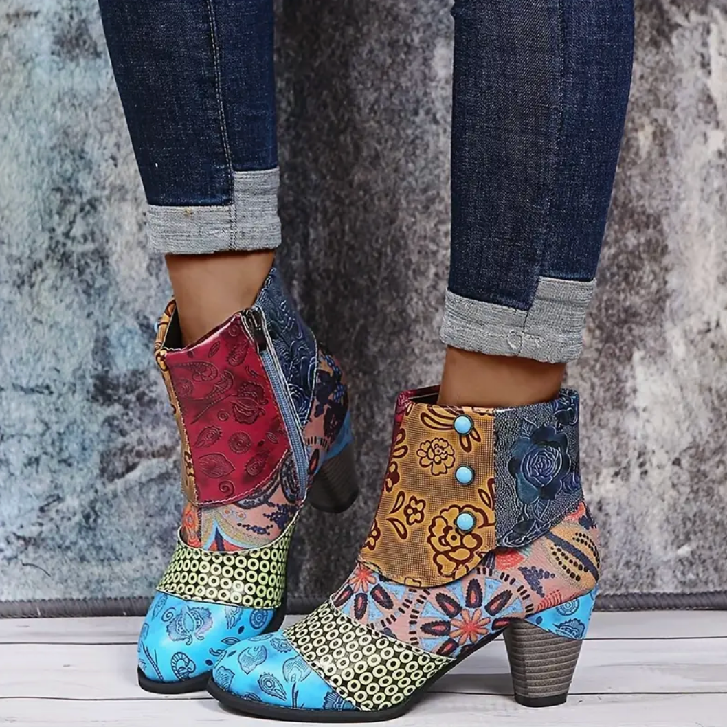 Comelyy Versatile Womens Floral Ankle Heel And Side Zipper Boots