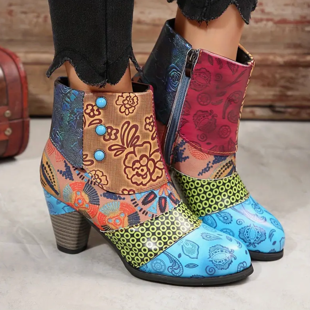 Comelyy Versatile Womens Floral Ankle Heel And Side Zipper Boots