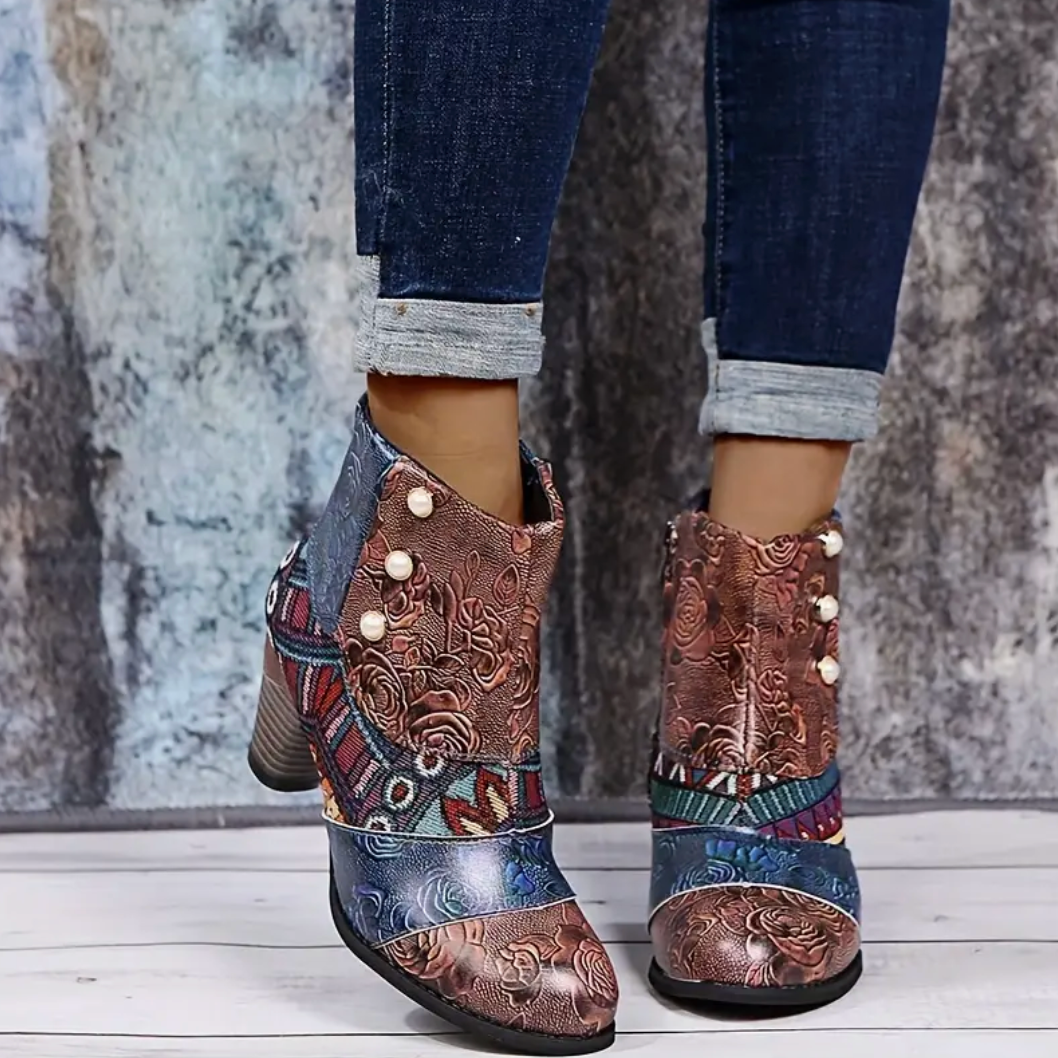 Comelyy Versatile Womens Floral Ankle Heel And Side Zipper Boots