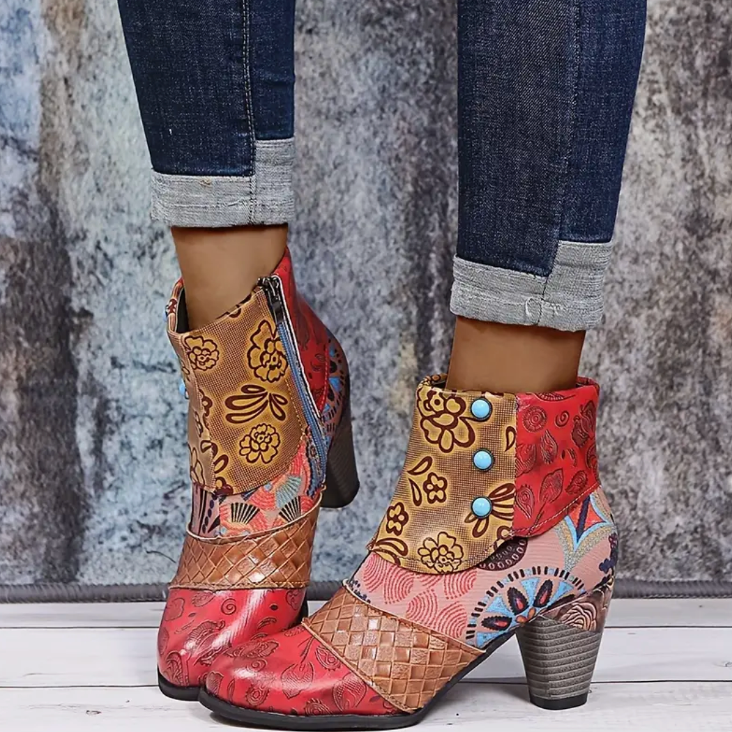 Comelyy Versatile Womens Floral Ankle Heel And Side Zipper Boots