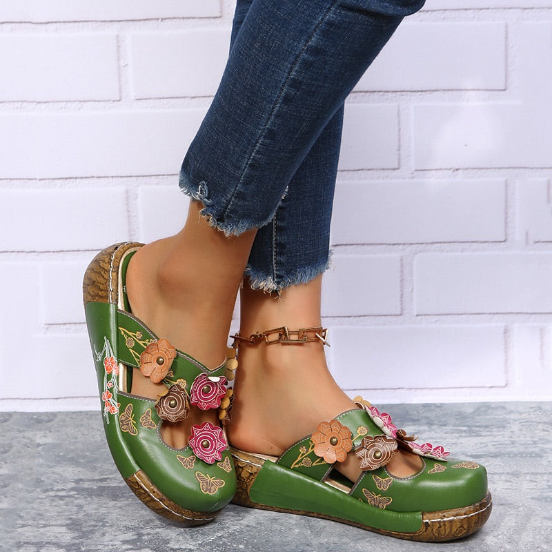 Comelyy Flower Print Wedge Slip On Sandals