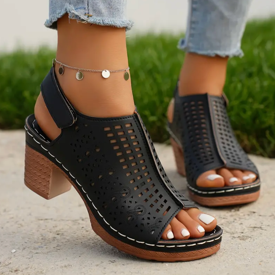 Comelyy Fashion Hollow Out Design Peep Toe Chunky Elegant High Heels Sandals