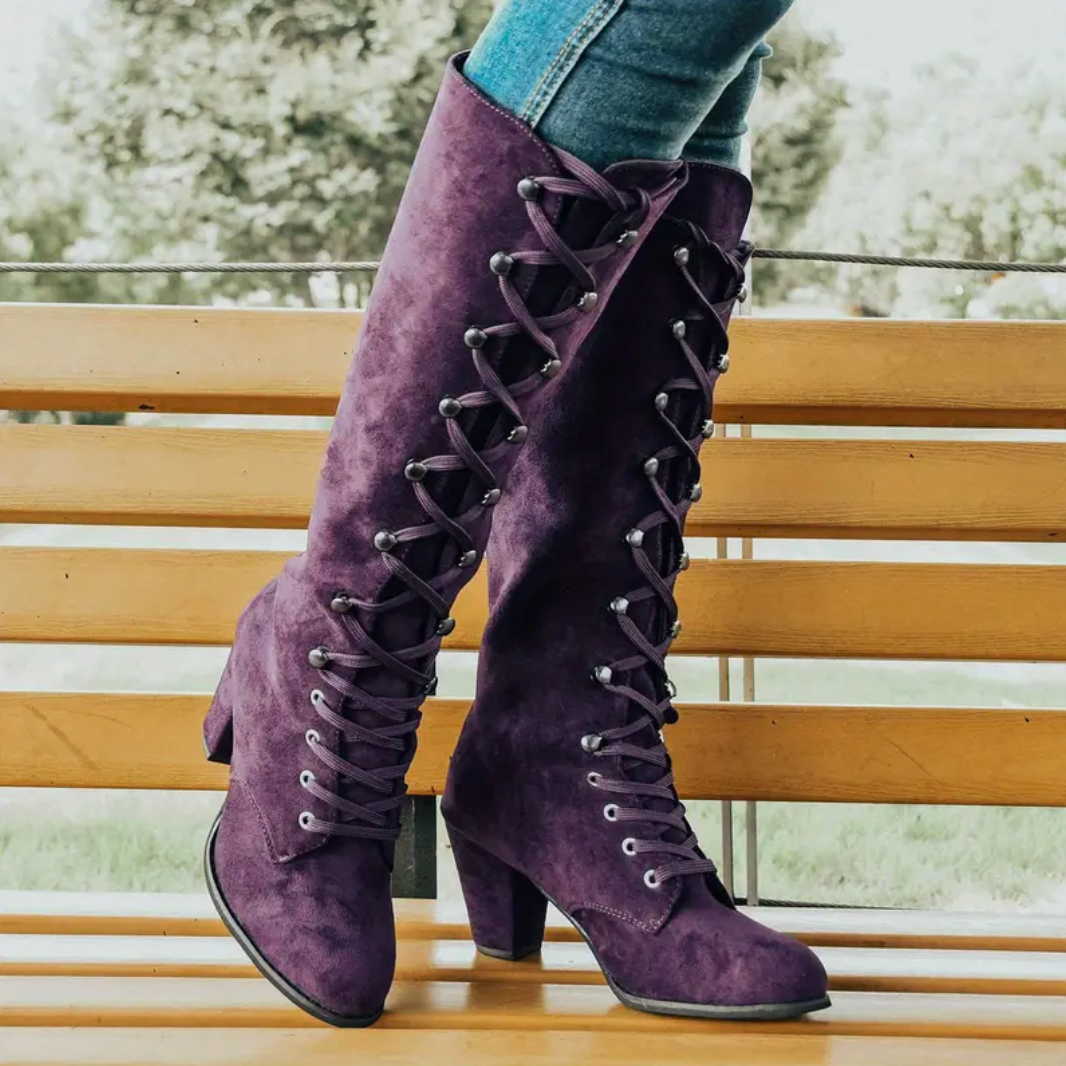 Comelyy Retro Solid Color Lace Up Knee High Chunky Heeled Long Boots