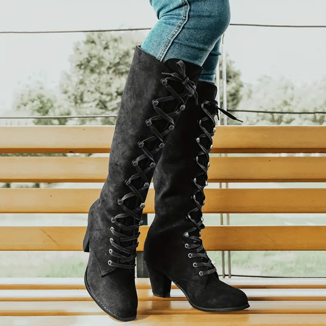 Comelyy Retro Solid Color Lace Up Knee High Chunky Heeled Long Boots