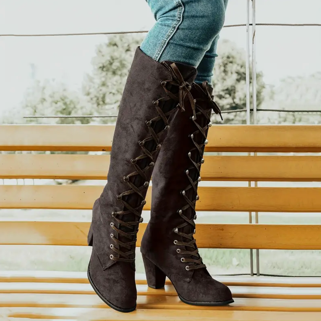 Comelyy Retro Solid Color Lace Up Knee High Chunky Heeled Long Boots