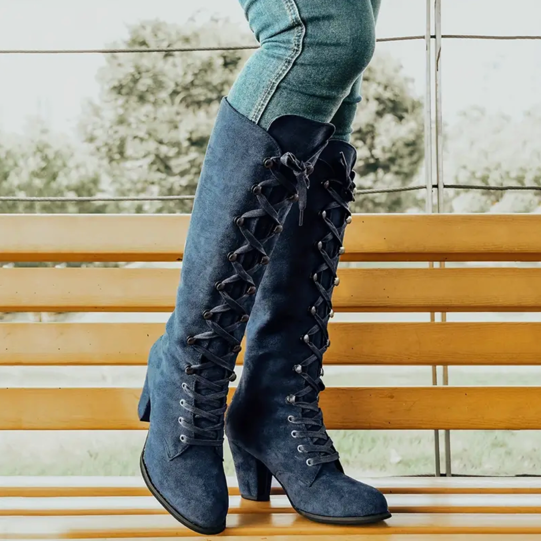 Comelyy Retro Solid Color Lace Up Knee High Chunky Heeled Long Boots
